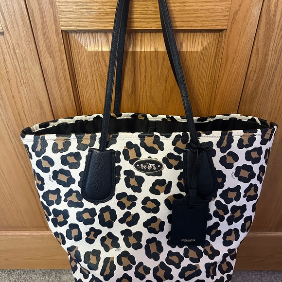 Coach Handbags - Coach Leopard-Print Tote in Black and Tan .